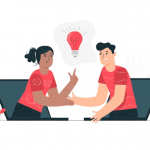 A guy and a girl discussing business email ideas
